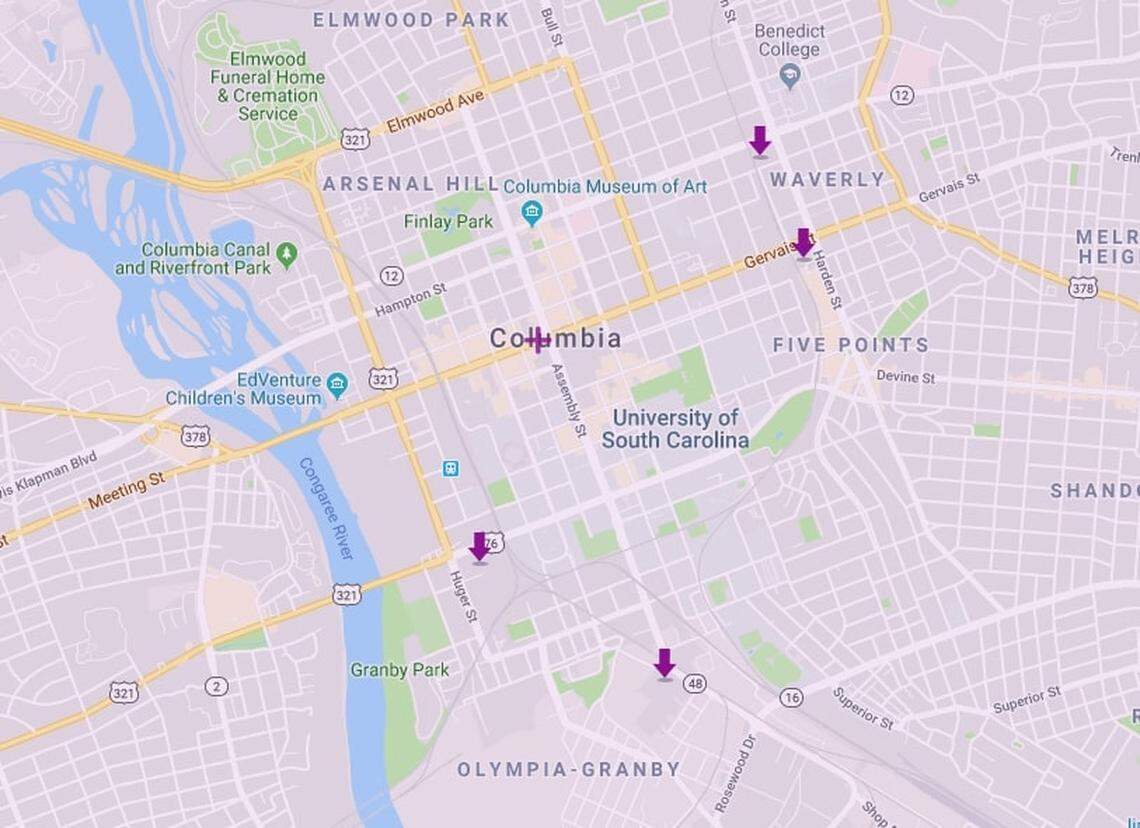 Locations of billboards put up by the Women’s Rights and Empowerment Network opposing efforts by the S.C. Legislature to limit access to abortion.