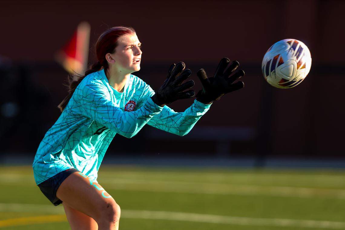 AC Flora Falcons GK Kennedy Bagley (0) makes a stop during the state championship game at Memorial Stadium in Columbia, SC, on May 24, 2025. AC Flora won, 1-0.