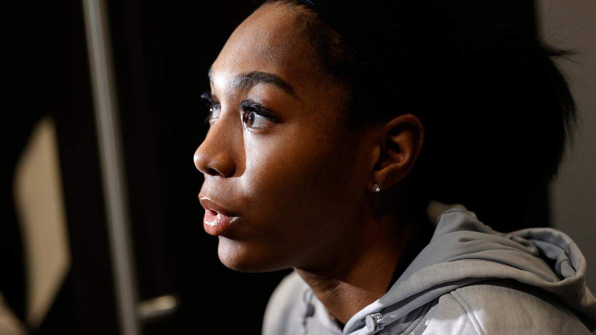 South Carolina’s Bree Hall (23) talks with the media in the Gamecocks locker room in advance of the NCAA Tournament, Regional game at the Colonial Life Arena on Thursday, Mar. 21, 2024.