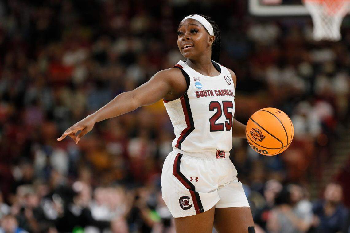South Carolina Gamecocks guard Raven Johnson (25) plays UCLA in the NCAA Tournament Sweet 16 at the Bon Secours Wellness Arena in Greenville, South Carolina on Saturday, March 25, 2023.