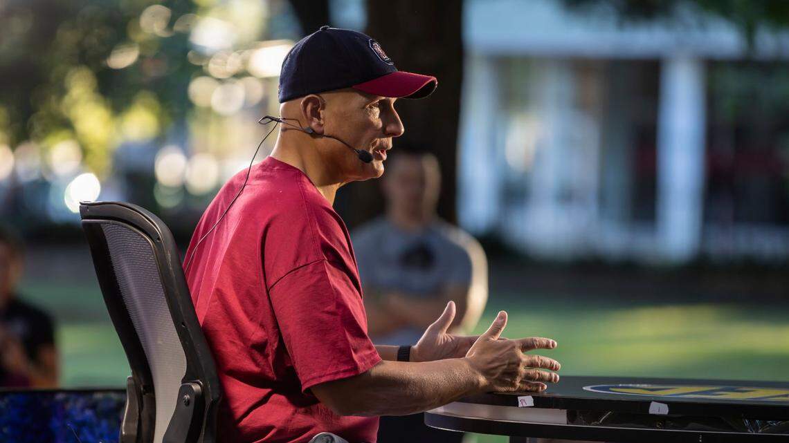 File photo: Frank Martin with Paul Finebaum in September 2021 on South Carolina’s Horseshoe.