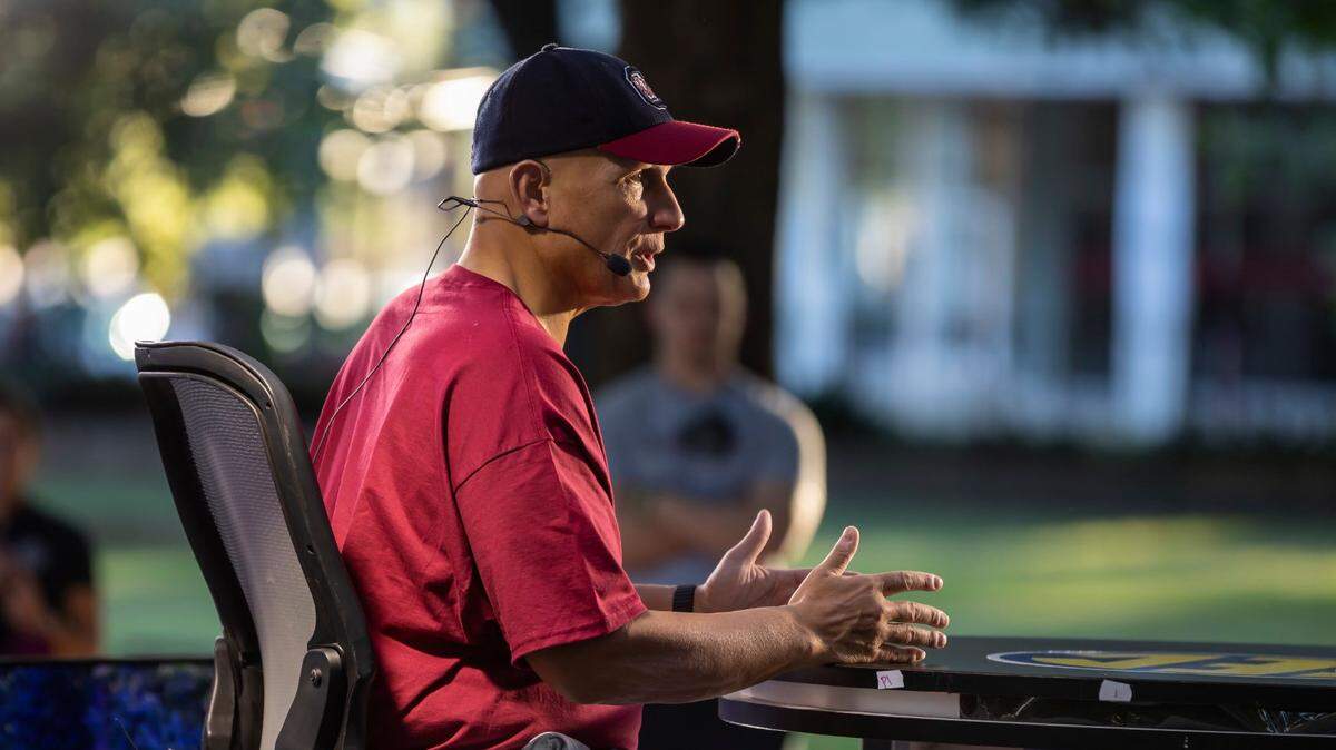 File photo: Frank Martin with Paul Finebaum in September 2021 on South Carolina’s Horseshoe.
