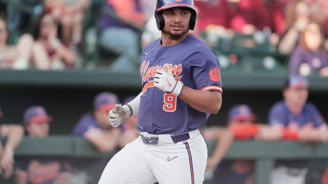 Clemson sophomore Jonathan French(9) runs home during the game against South Carolina on Saturday, March 5, 2022.