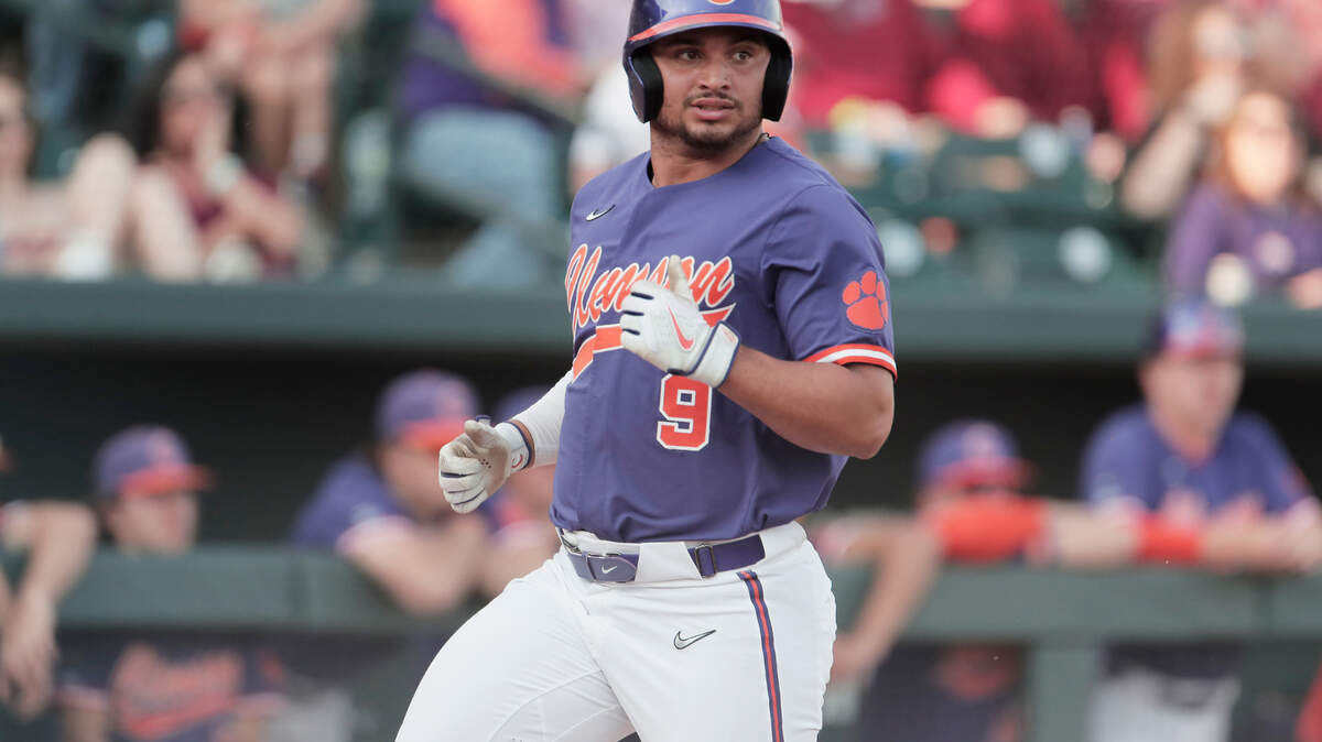 Clemson sophomore Jonathan French(9) runs home during the game against South Carolina on Saturday, March 5, 2022.