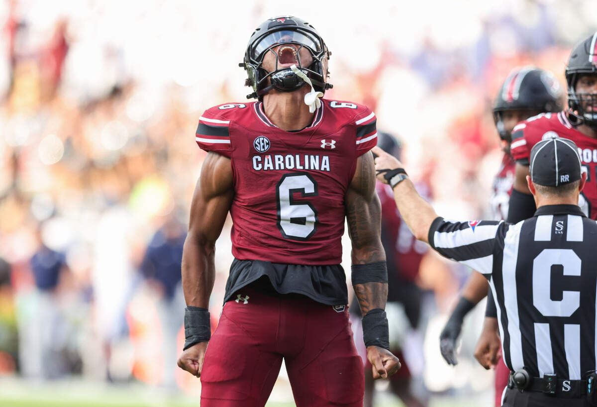 South Carolina edge Dylan Stewart (6) celebrates a sack during the first half of the Gamecocks’ season opener against Old Dominion in Columbia on Saturday, August 31, 2024.