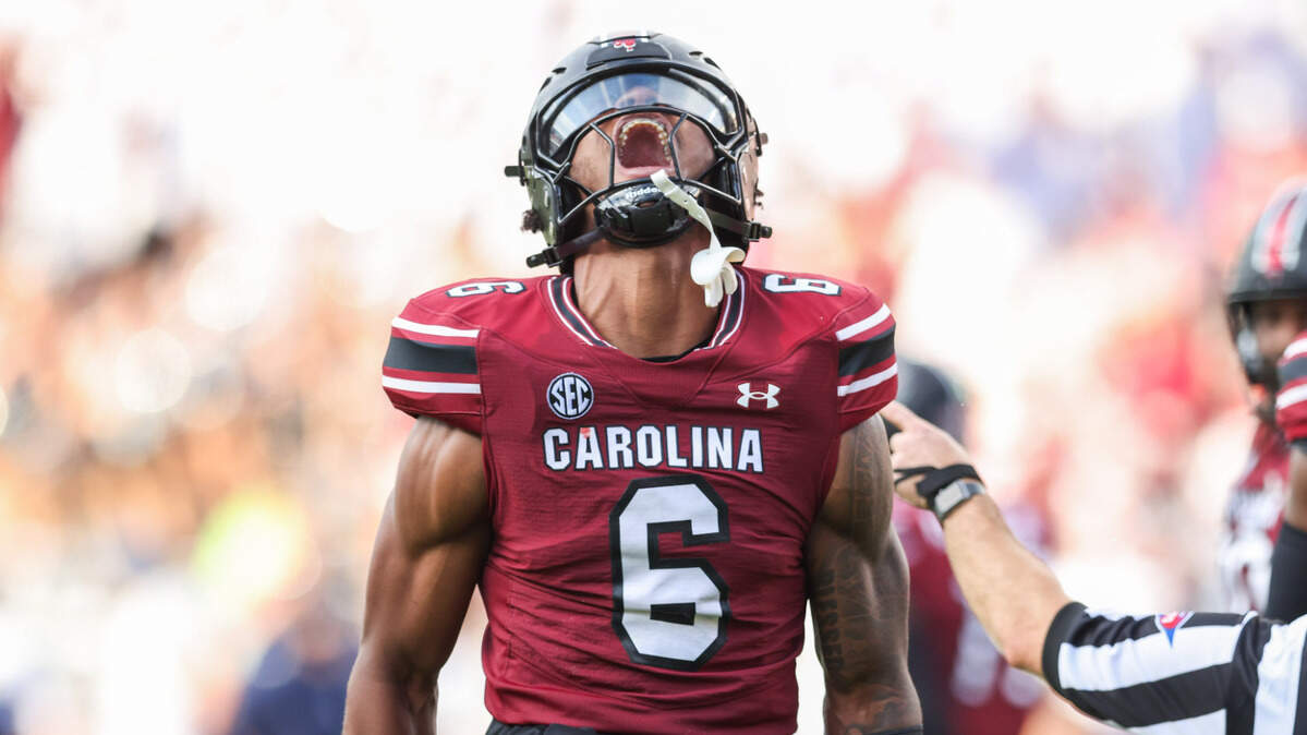 South Carolina edge Dylan Stewart (6) celebrates a sack during the first half of the Gamecocks’ season opener against Old Dominion in Columbia on Saturday, August 31, 2024.