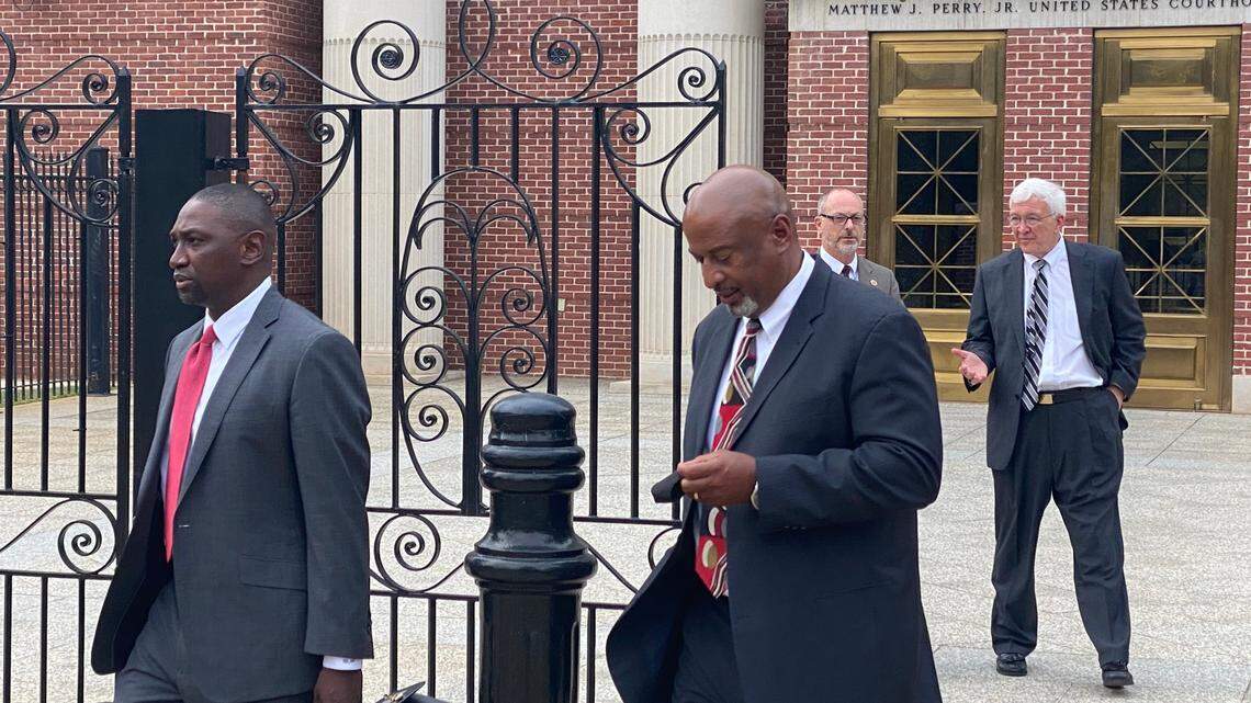 Former Chester County Sheriff Alex Underwood (center) leaves federal court in Columbia this week. His lawyer, Stanley Myers, is on the left. Another Underwood lawyer, Jake Moore, is on the right.