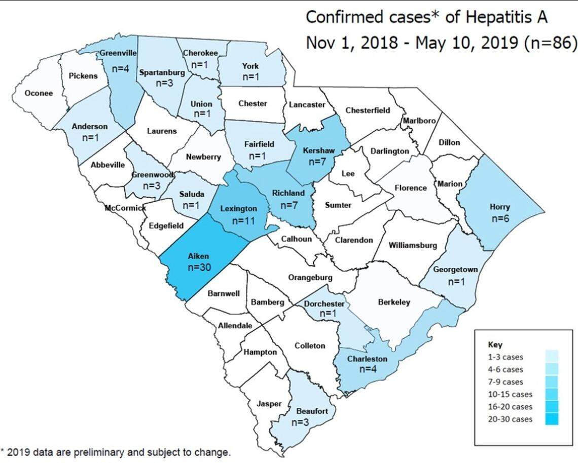 Confirmed cases of hepatitis A in South Carolina from Nov. 1, 2018 to May 10, 2019.