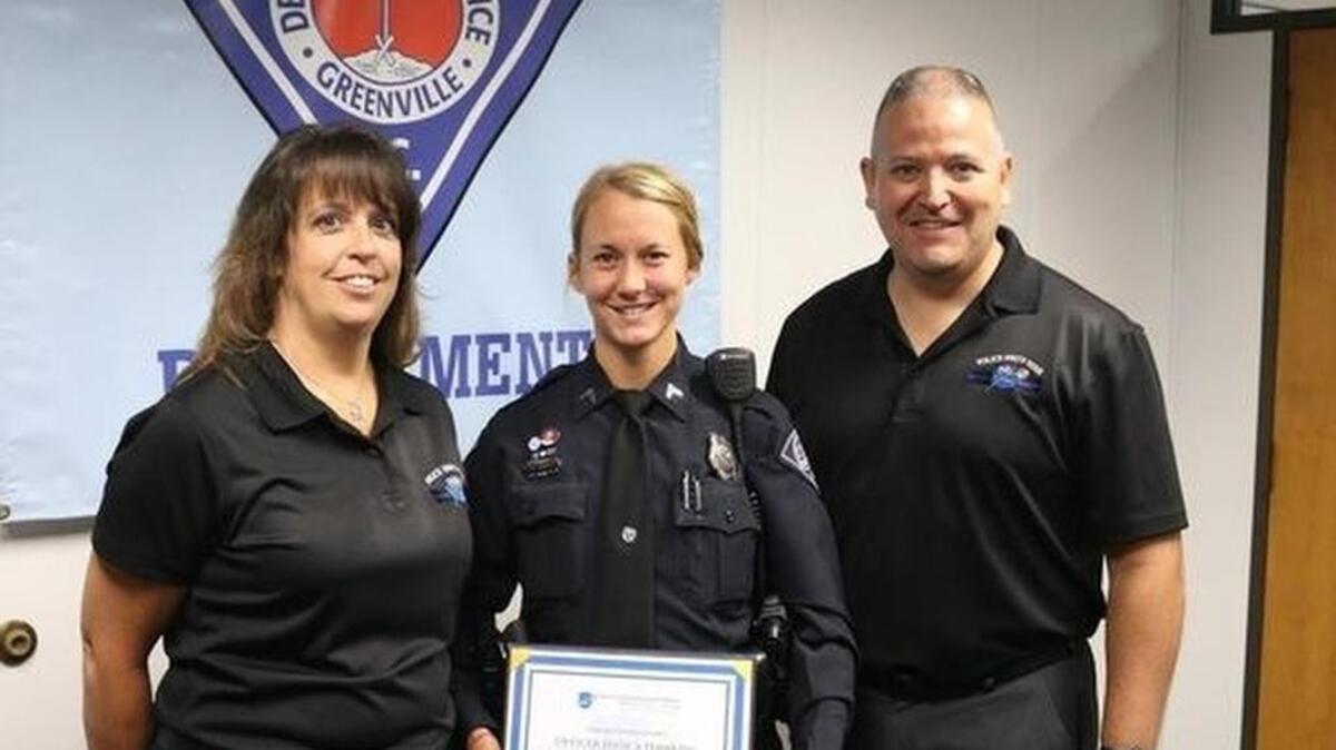 
Greenville Police Officer Jessica Hawkins was recognized Thursday with a national award Wednesday for rescuing a wheelchair-bound woman who fell into a creek earlier this year
