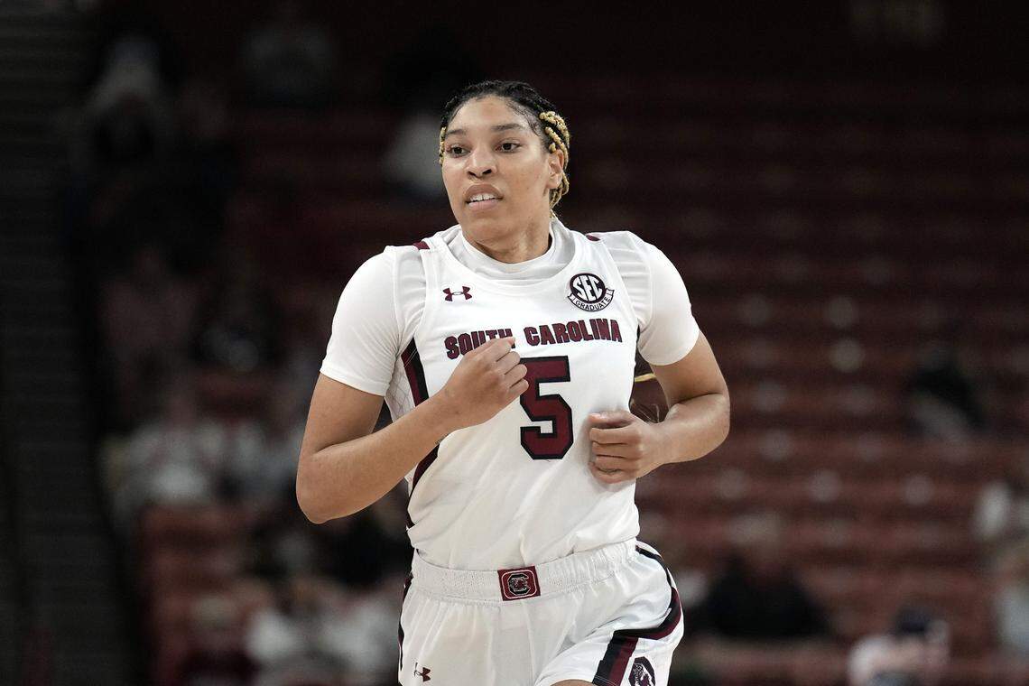 South Carolina Gamecocks forward Victaria Saxton (5) on the court in the first quarter against the Arkansas Razorbacks at Bon Secours Wellness Arena.