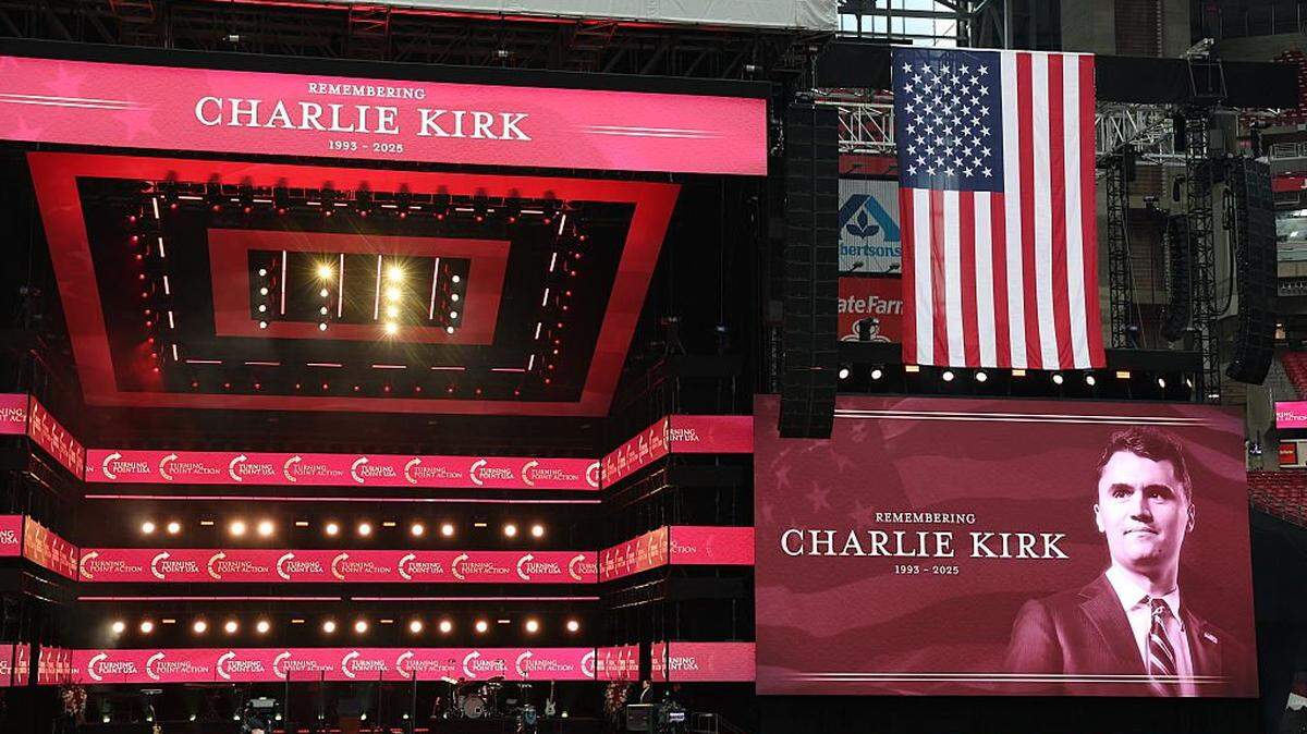 The stage is seen ahead of the public memorial service of right-wing activist Charlie Kirk at State Farm Stadium in Glendale, Arizona on September 21, 2025. (Photo by Patrick T. Fallon / AFP) (Photo by PATRICK T. FALLON/AFP via Getty Images)