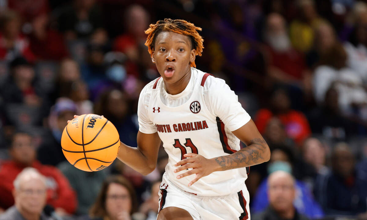 South Carolina’s Talaysia Cooper (11) drives the ball downcourt as The University of South Carolina Women’s basketball team hosts Benedict College in an exhibition game at the Colonial Life Arena  on Monday Oct. 31, 2022.