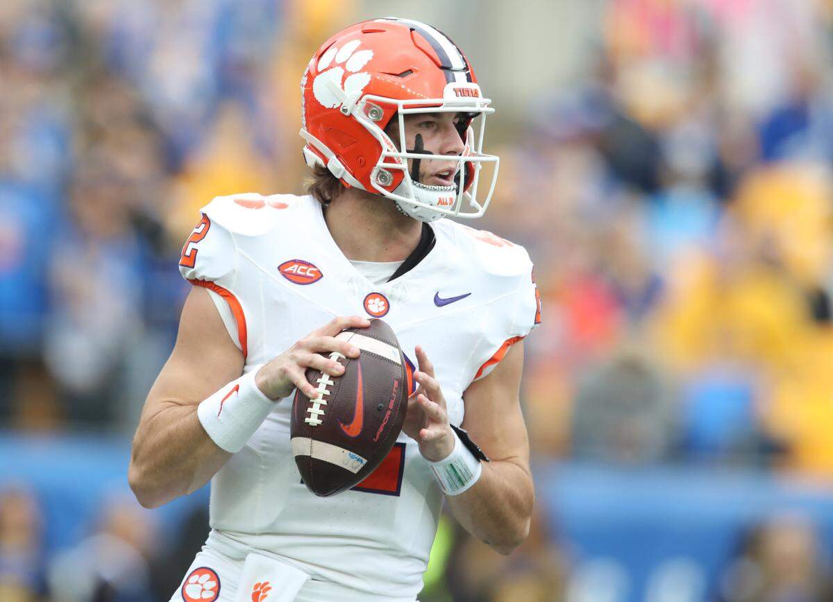 Nov 16, 2024; Pittsburgh, Pennsylvania, USA; Clemson Tigers quarterback Cade Klubnik (2) passes against the Pittsburgh Panthers during the first quarter at Acrisure Stadium.
