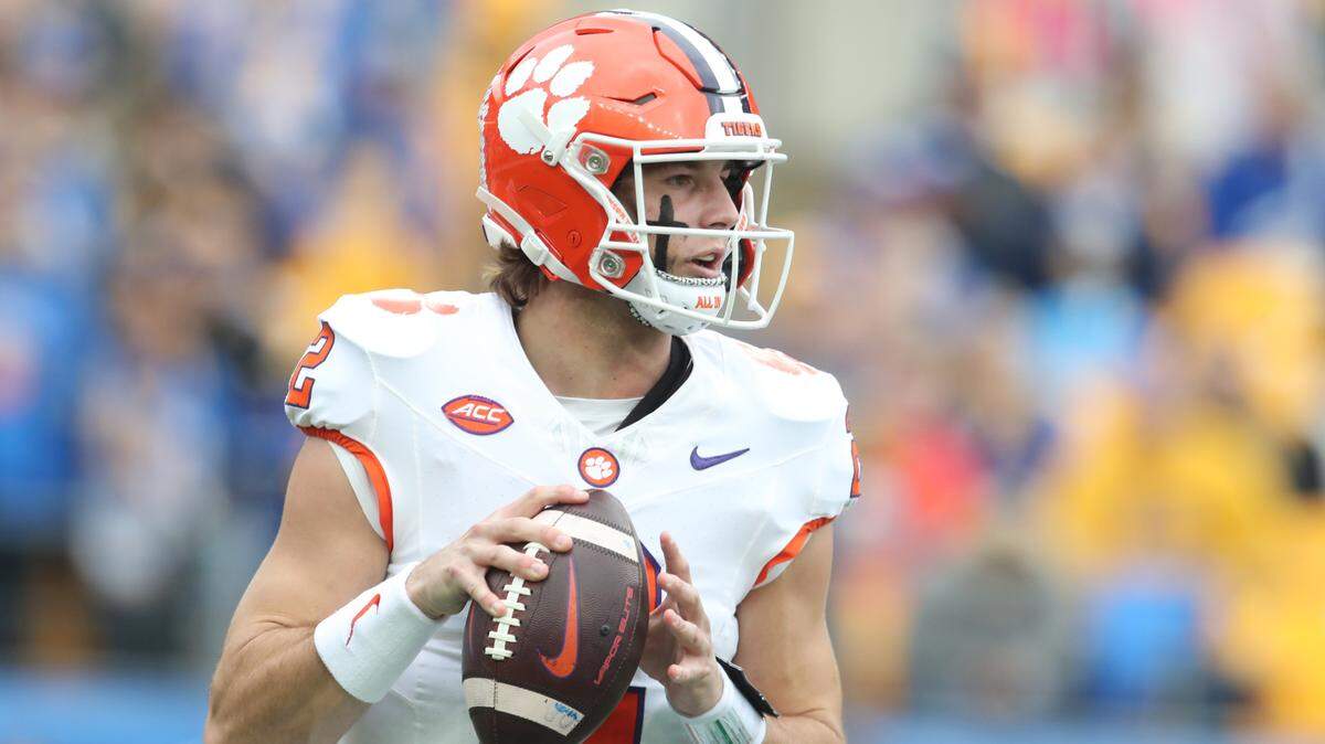 Nov 16, 2024; Pittsburgh, Pennsylvania, USA; Clemson Tigers quarterback Cade Klubnik (2) passes against the Pittsburgh Panthers during the first quarter at Acrisure Stadium.