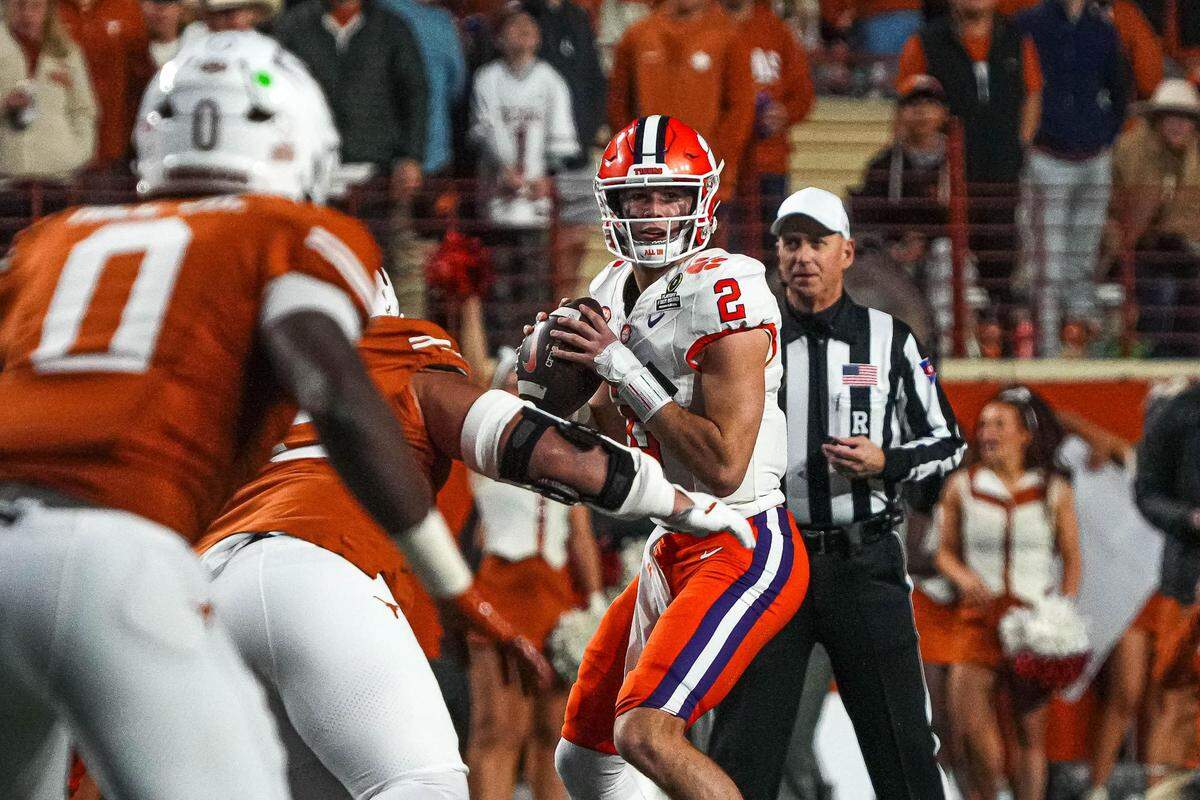 Clemson quarterback Cade Klubnik (2) throws a pass during the game against the Texas Longhorns in the first round of the College Football Playoffs at Darrell K Royal-Texas Memorial Stadium on Saturday, Dec. 21, 2024.