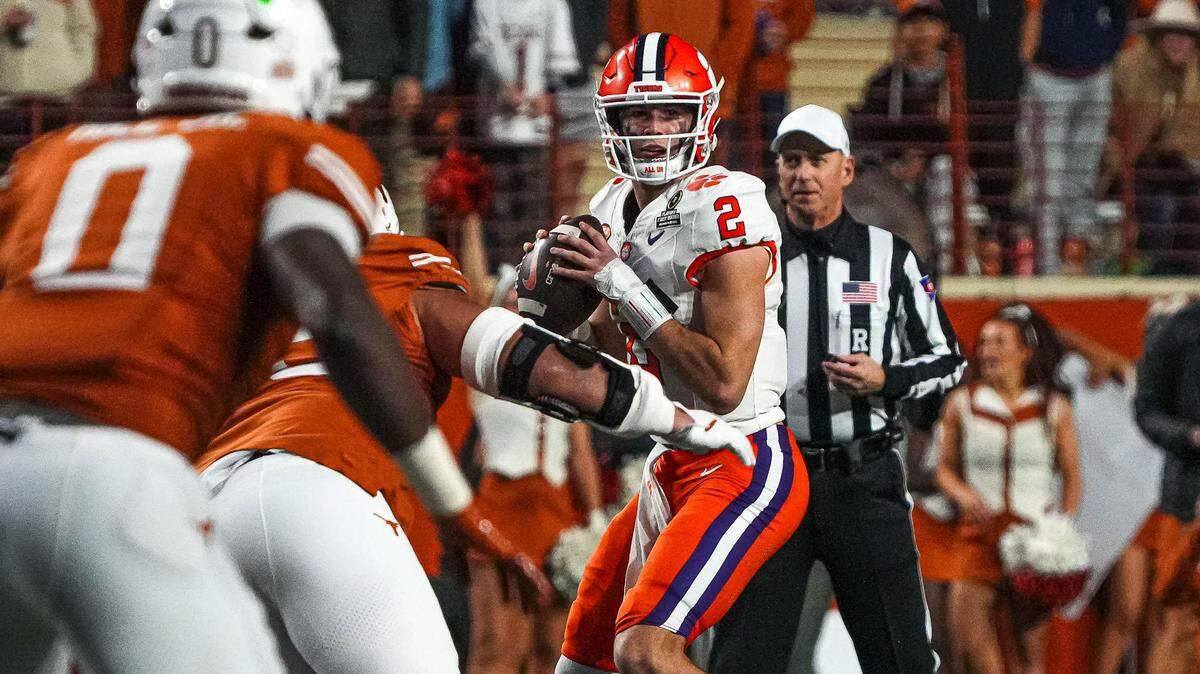 Clemson quarterback Cade Klubnik (2) throws a pass during the game against the Texas Longhorns in the first round of the College Football Playoffs at Darrell K Royal-Texas Memorial Stadium on Saturday, Dec. 21, 2024.