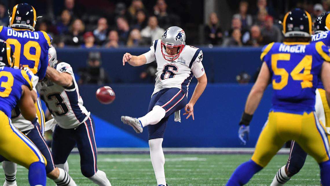 Feb 3, 2019; Atlanta, GA, USA; New England Patriots punter Ryan Allen (6) punts during the second quarter against the Los Angeles Rams in Super Bowl LIII at Mercedes-Benz Stadium.