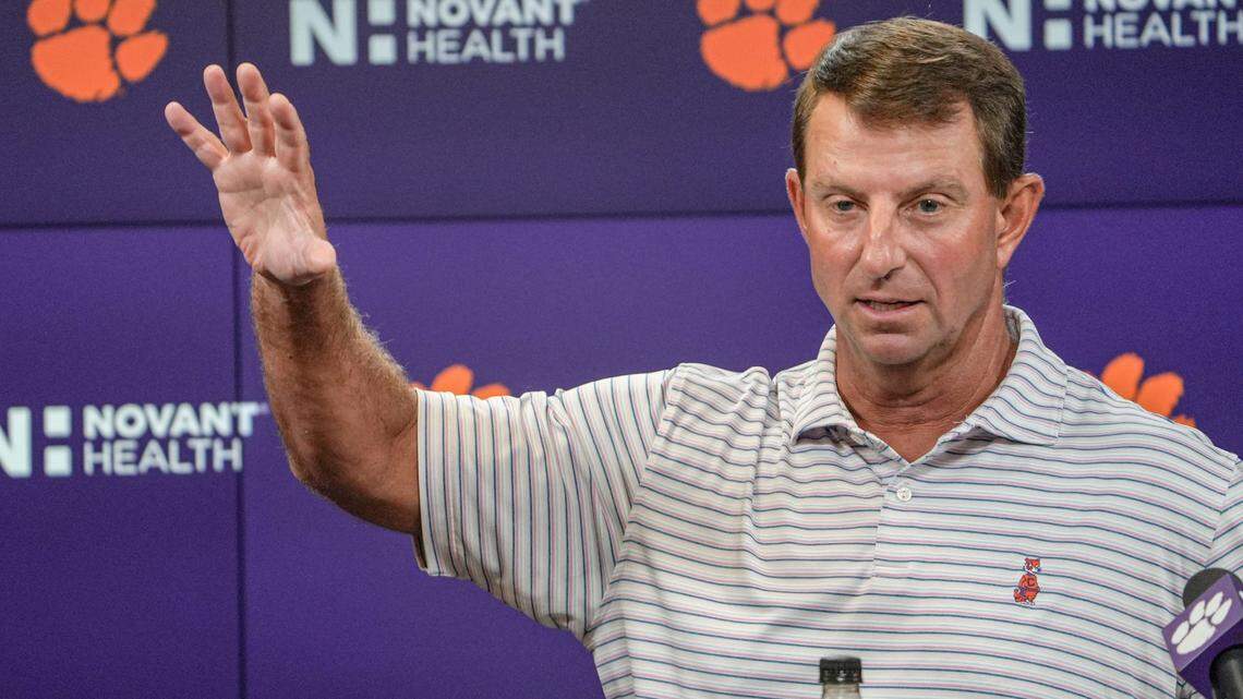 Clemson head coach Dabo Swinney speaks during Clemson football media day at the Smart Family Media Center in Clemson, SC Tuesday, July 15, 2025.