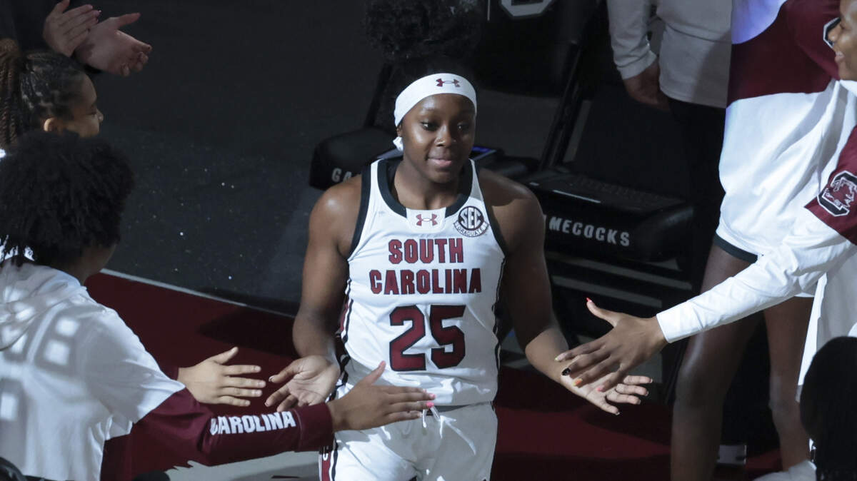 South Carolina's Raven Johnson (25) is introduced before their women's basketball game against Providence at Colonial Life Arena on Sunday, Dec. 28, 2025.