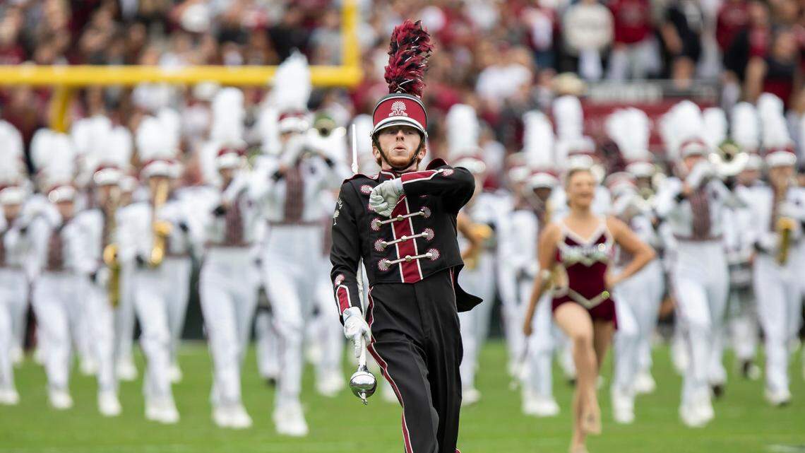 The South Carolina marching band enters the field at Williams-Brice Stadium in Columbia, SC on Saturday, Oct. 29, 2022.