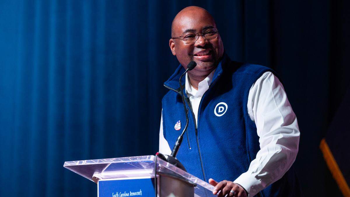 Democratic National Committee Chairman Jaime Harrison, who lives in South Carolina, speaks to the crowd at the SCDP’s presidential primary election watch party on Saturday, Feb. 3, 2024.