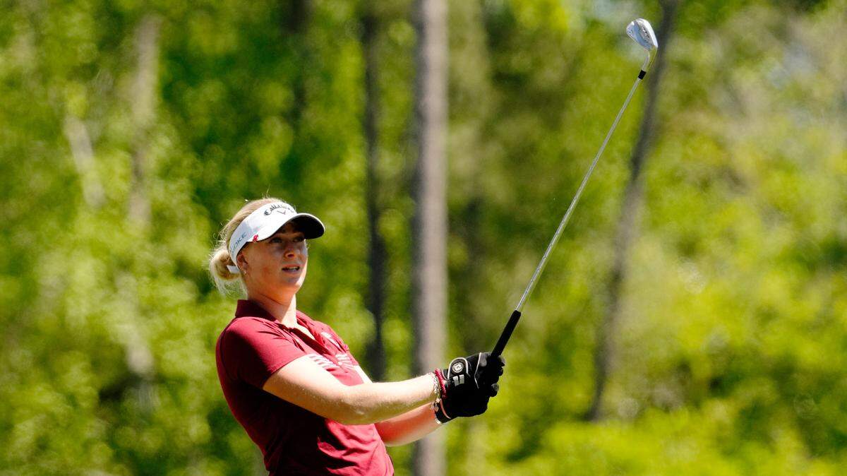 Louise Rydqvist tees off on no. 12 during the final round of the Augusta National Women’s Amateur golf tournament at Augusta National Golf Club.