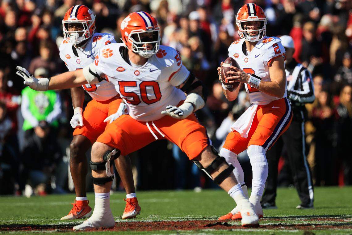 Clemson quarterback Cade Klubnik (2) plays South Carolina at Williams-Brice Stadium on Saturday, November 29, 2025.