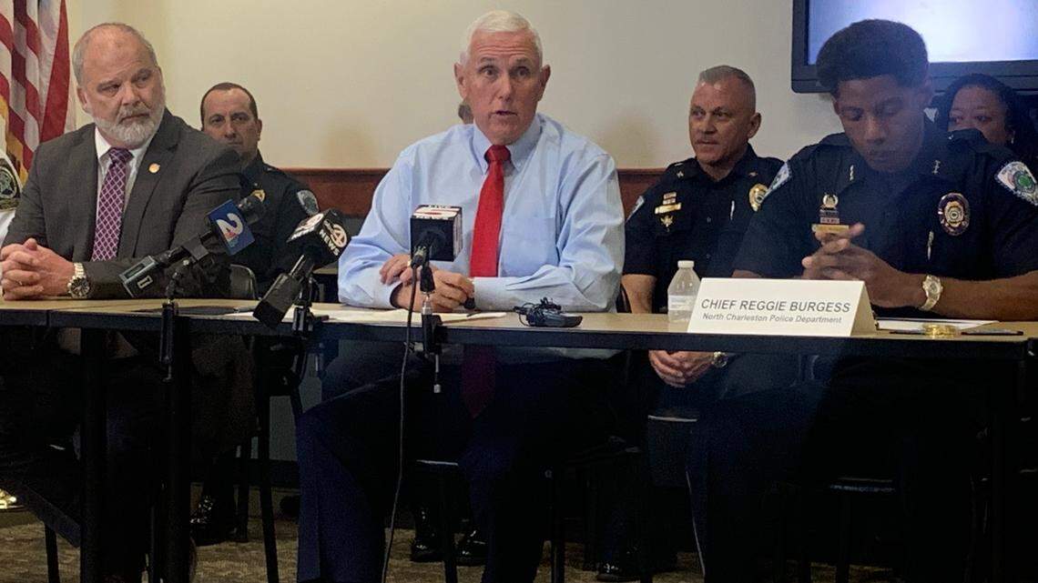Former Vice President Mike Pence discusses law enforcement issues with lowcountry police leaders on Thursday, March 2, 2023 in North Charleston. Among those who joined him were state Sen. Brian Adams, R-Berkeley, and North Charleston Police Chief Reggie Burgess.
