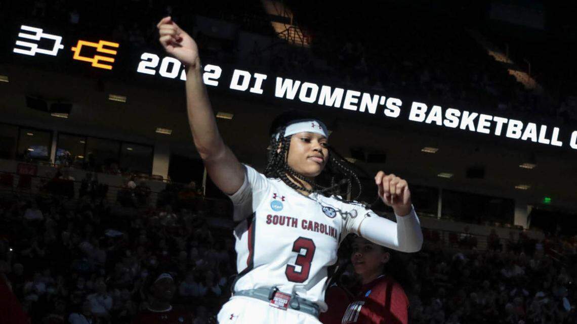South Carolina’s Destanni Henderson (3) and South Carolina’s LeLe Grissett (24) dance during team introductions during the first round of the NCAA Regional tournament on Friday, March 18, 2022 at the Colonial Life Arena. The Gamecocks hosted Howard.