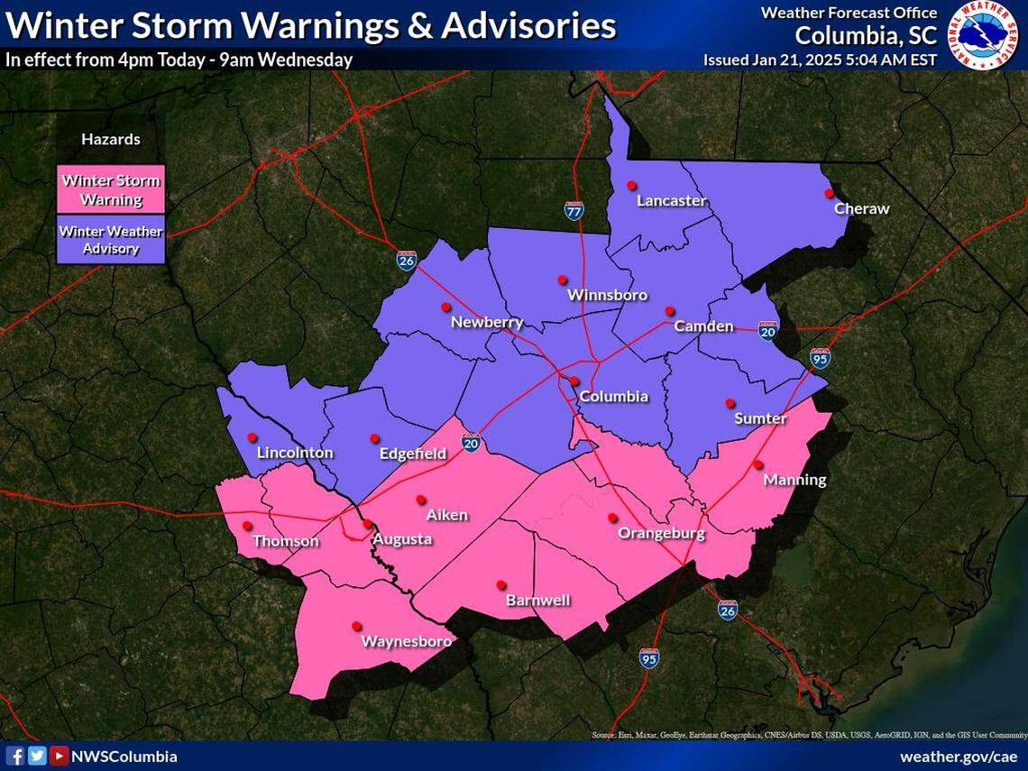 The National Weather Service issued a warning in the Midlands of South Carolina ahead of a winter storm.