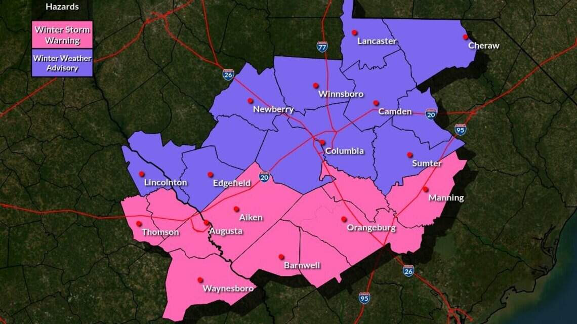 Winter storm warning issued in the Columbia area, where snow is expected today