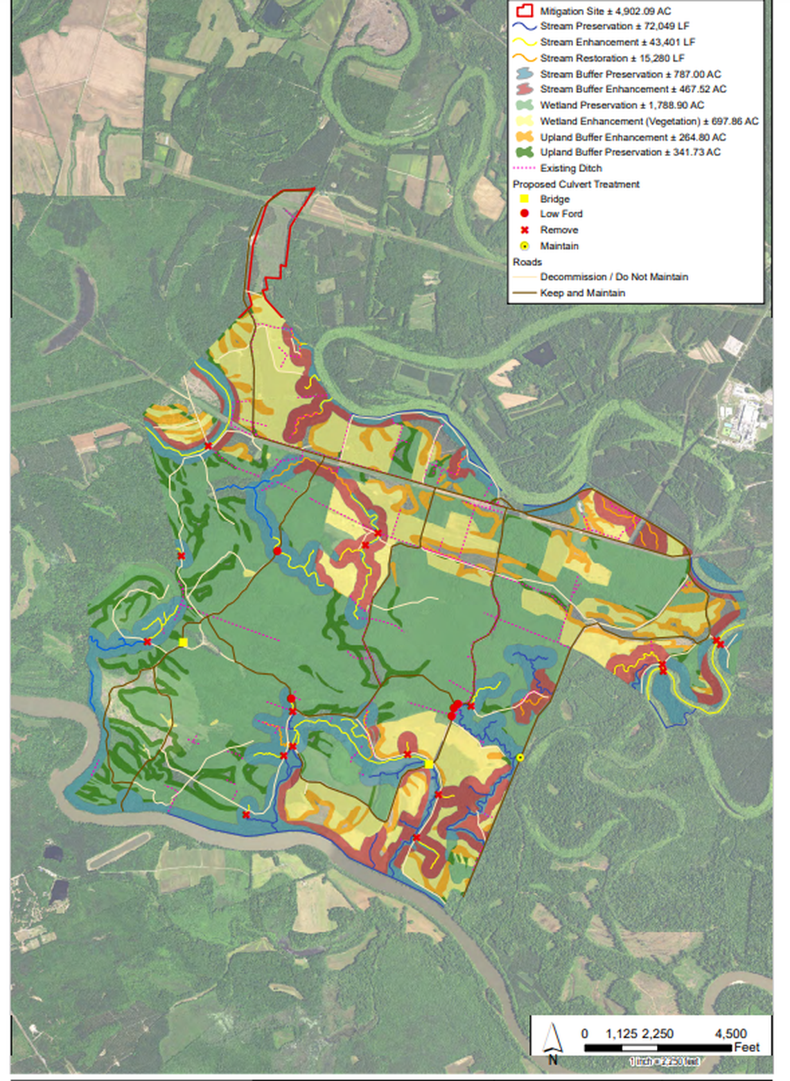 A heat map outline a portion of land that shows wetlands and streams.