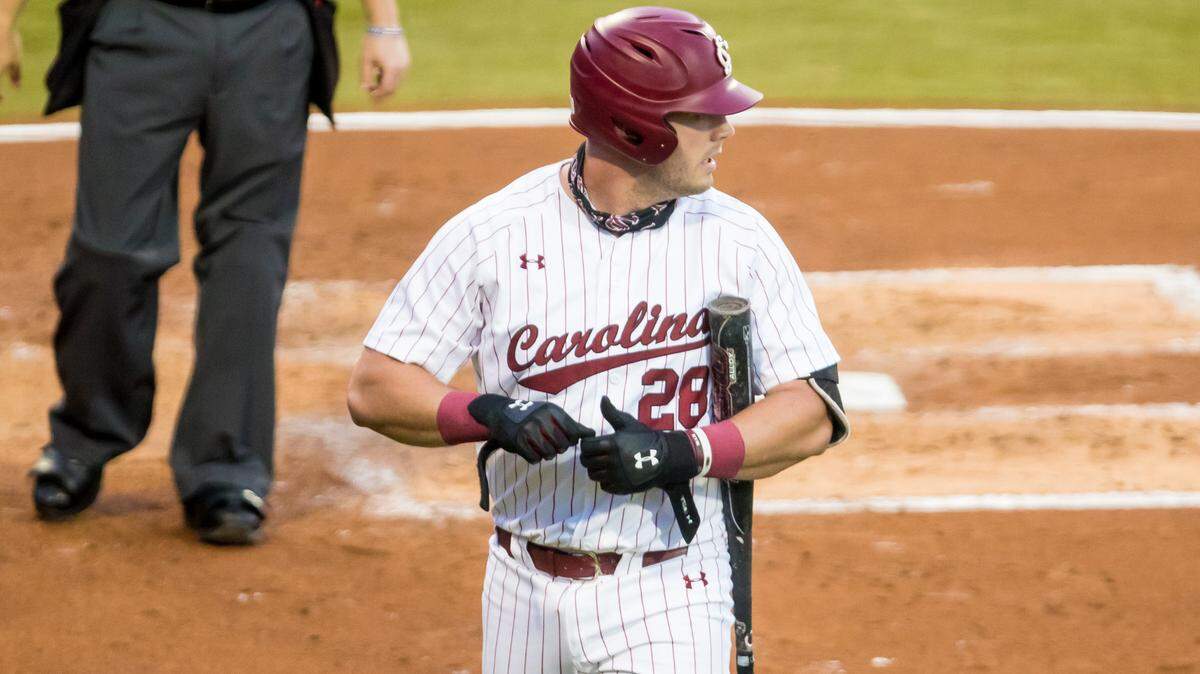 South Carolina Gamecocks catcher Wes Clarke (28) reacts after striking out in the first inning against the Florida Gators on March 26, 2021