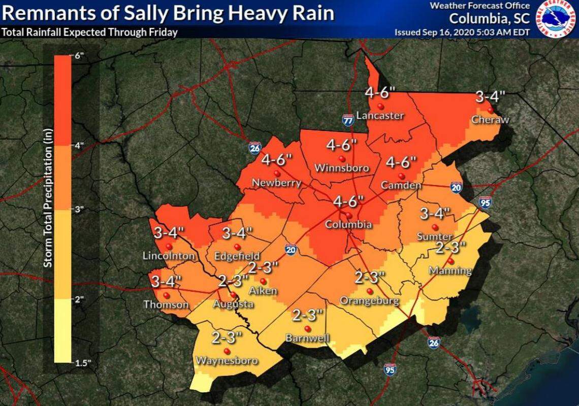 Hurricane Sally is forecast to bring heavy rain and possible flooding to the Columbia area, according to the National Weather Service.