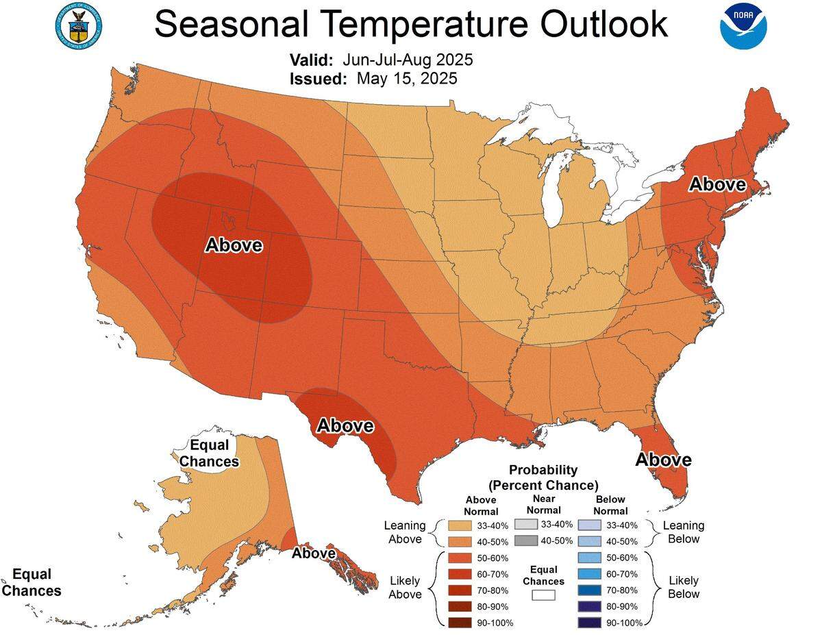 A map of showing temperature forecasts across the U.S. from June through August.