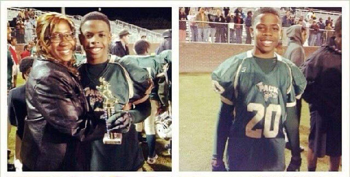 Kevin Harris at age 12 with his mom, Della. Harris had just won a little league championship with the Midway Packers, coached by Derek Sills.