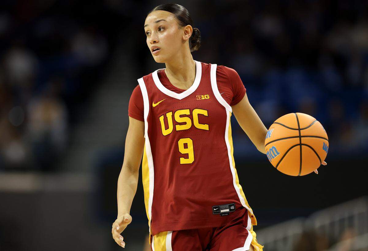 LOS ANGELES, CALIFORNIA - JANUARY 03: Jazzy Davidson #9 of the USC Trojans in action against the UCLA Bruins at UCLA Pauley Pavilion on January 03, 2026 in Los Angeles, California. (Photo by Luke Hales/Getty Images)