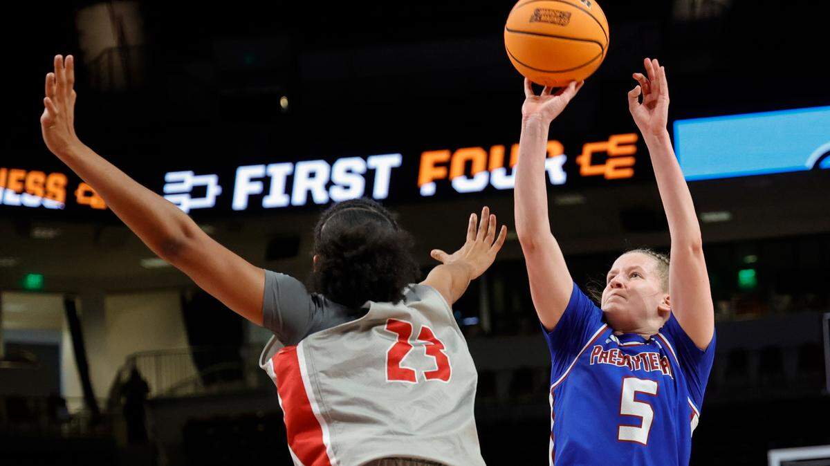 Presbyterian’s Christina Kline gets up shot up against Sacred Heard on Wednesday in a First Four game at Colonial Life Arena.