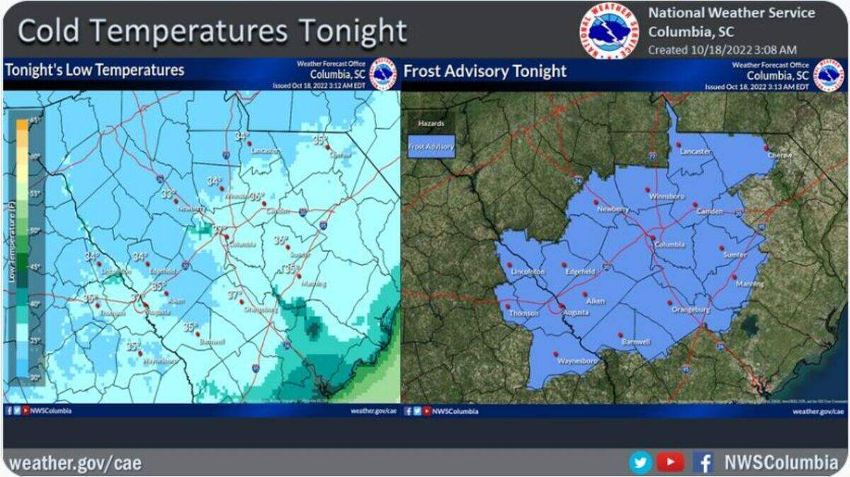 The coldest temperatures of the fall are forecast for Columbia.