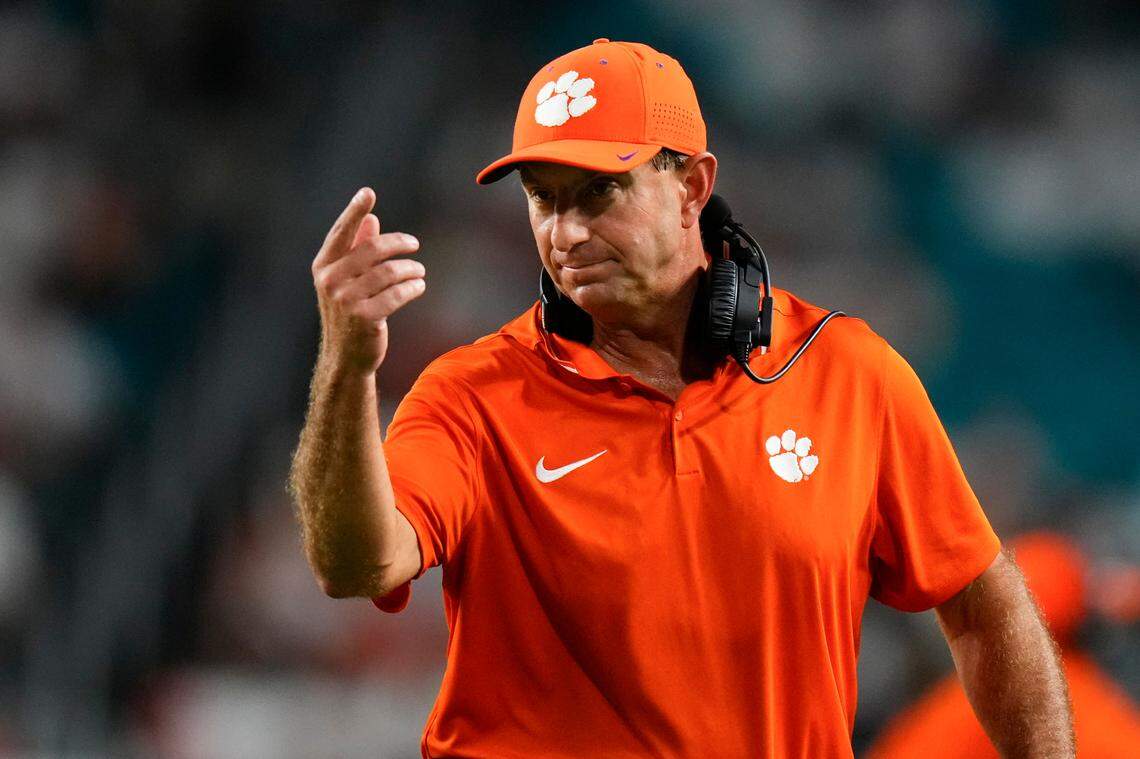 Oct 21, 2023; Miami Gardens, Florida, USA; Clemson Tigers head coach looks on against the Miami Hurricanes during the fourth quarter at Hard Rock Stadium. Mandatory Credit: Rich Storry-USA TODAY Sports