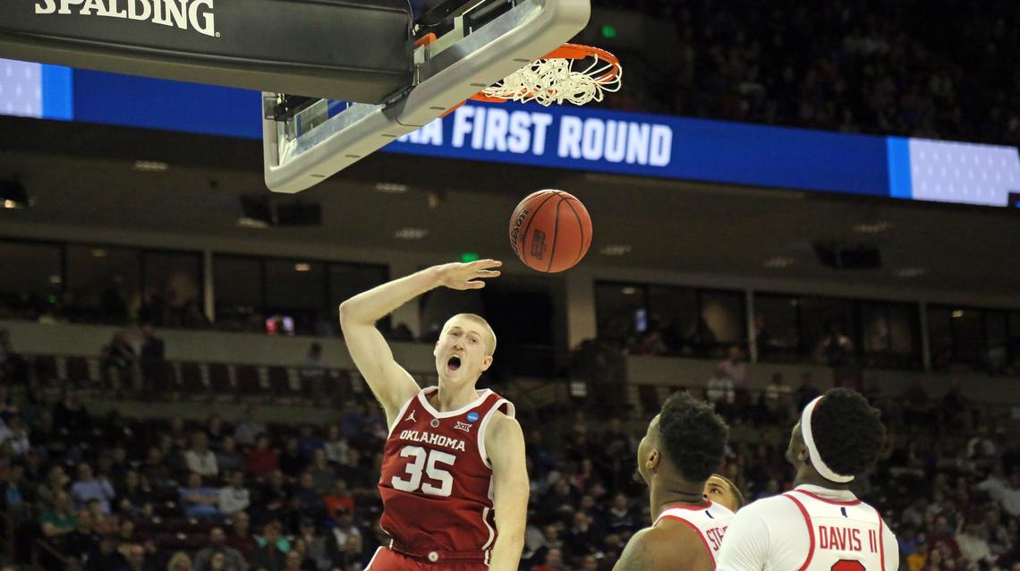 Oklahoma’s Brady Manek celebrates a layup during the Sooners’ NCAA Tournament game against Ole Miss in March 2019 at Columbia, SC.