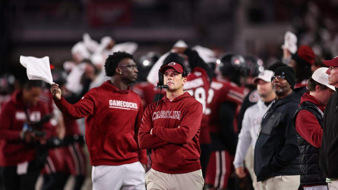 South Carolina head coach Shane Beamer looks up toward the scoreboard during the second half of South Carolina’s game against Clemson at Williams-Brice Stadium in Columbia on Saturday, November 25, 2023.
