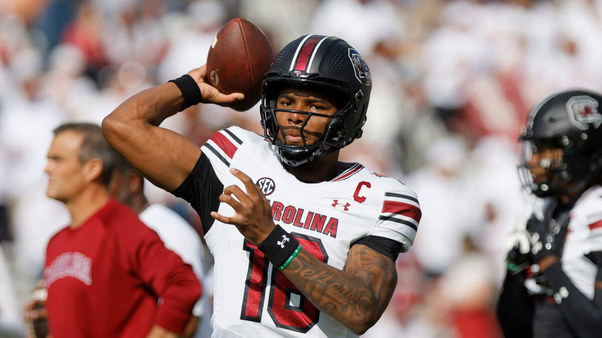 South Carolina’s LaNorris Sellers warms up before a game against Oklahoma on Saturday, Oct. 19, 2024, at Gaylord Family - Oklahoma Memorial Stadium in Norman, Okla.