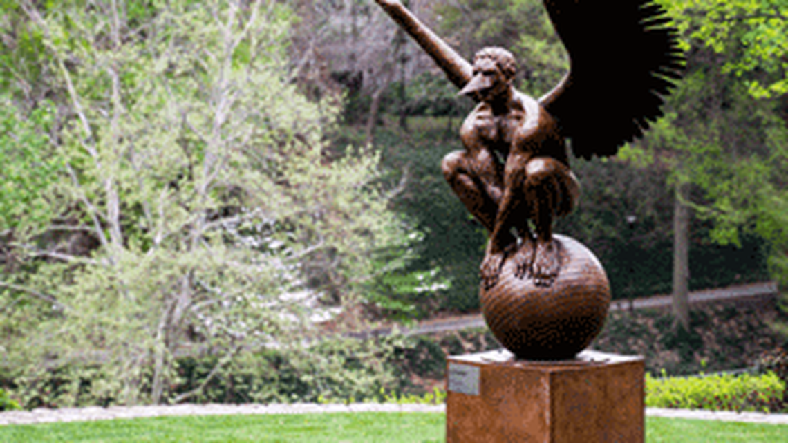 This is called Archivaldo, described by the artist as “the figure of an observer; a being that looks and analyzes from a distance. With a seriousness hidden behind the mask, maybe it is a guardian, a protector that safeguards what, in that orb, might be seen as the world.”