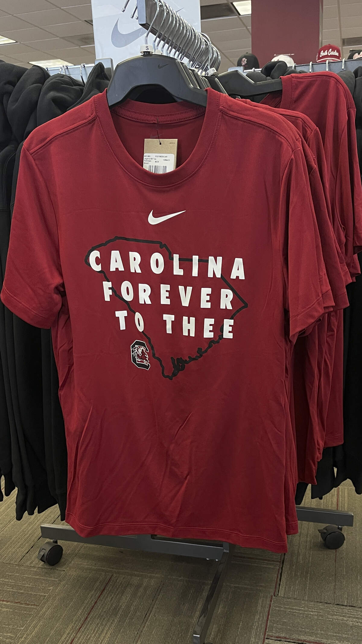 An exclusive design for Addams Gamecock Gear carries a design custom made for their store. It features the outline of South Carolina and ‘Carolina Forever to Thee’. Nike logo Gamecock apparel went on sale on Wednesday, July 1, 2026.