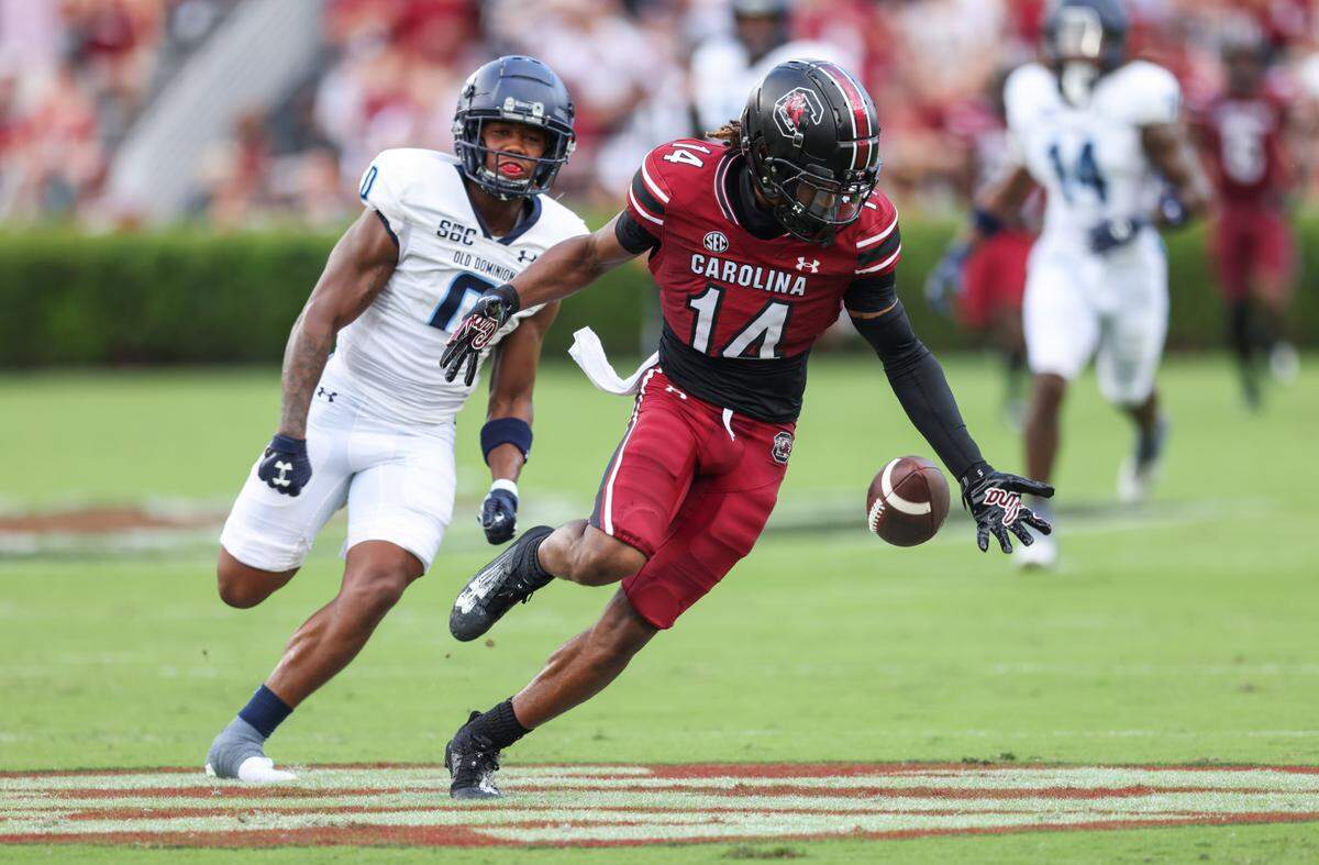 South Carolina wide receiver Jared Brown (14) misplays a pass during the first half of the Gamecocks’ season opener against Old Dominion in Columbia on Saturday, August 31, 2024.