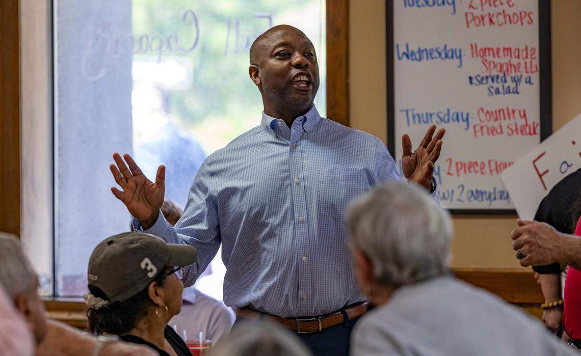 Tim Scott greets patrons at Alex’s Restaurant in Goose Creek on Friday April 14, 2023.