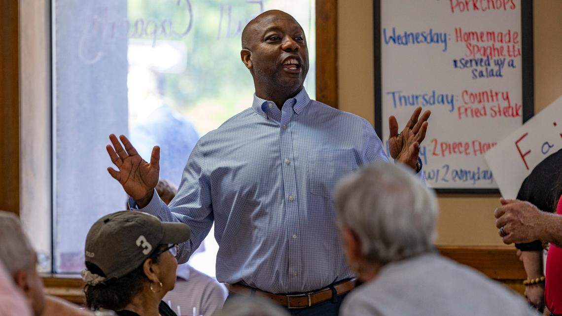 Tim Scott greets patrons at Alex’s Restaurant in Goose Creek on Friday April 14, 2023.