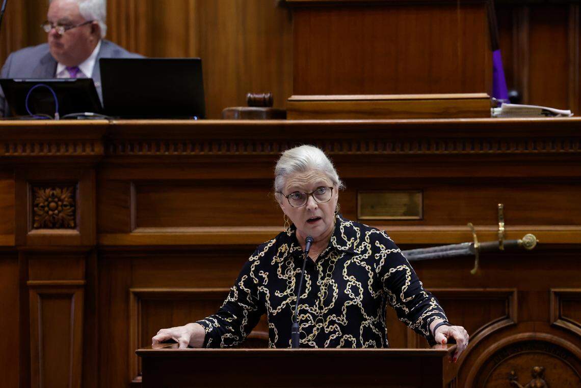 Sen. Katrina Shealy, R-Lexington, discusses the abortion bill in the South Carolina Senate chamber on Wednesday Sept. 8, 2022.