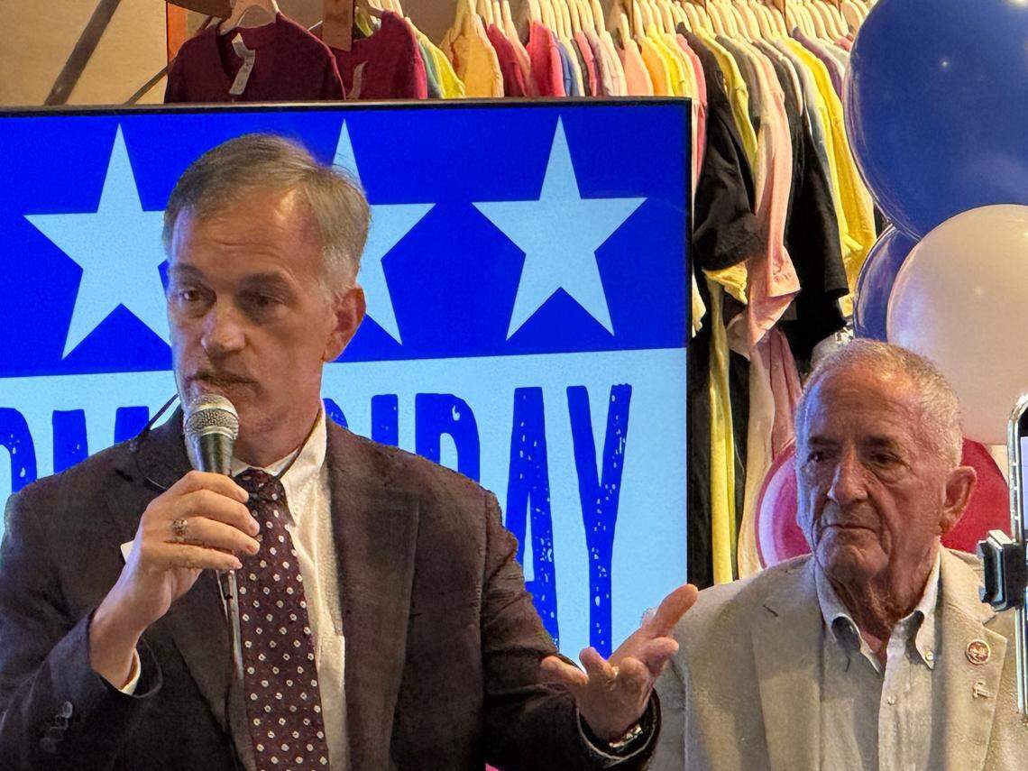 State Rep. Ryan McCabe, R-Lexington, (left) speaks, while state Rep. Joe White, R-Newberry, listens along, at the Freedom Friday event at Momma Rabbit’s Nibbles and Sips in Lexington, S.C., on Friday, June 20, 2025.